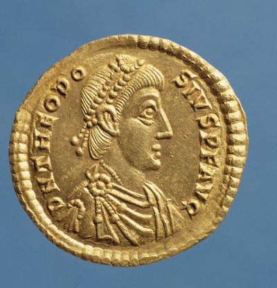 Solidus (obverse) of Theodosius I the Great (379-395) draped, cuirassed wearing a diadem. Inscription: D N THEODOSIVS P F AVG by Roman